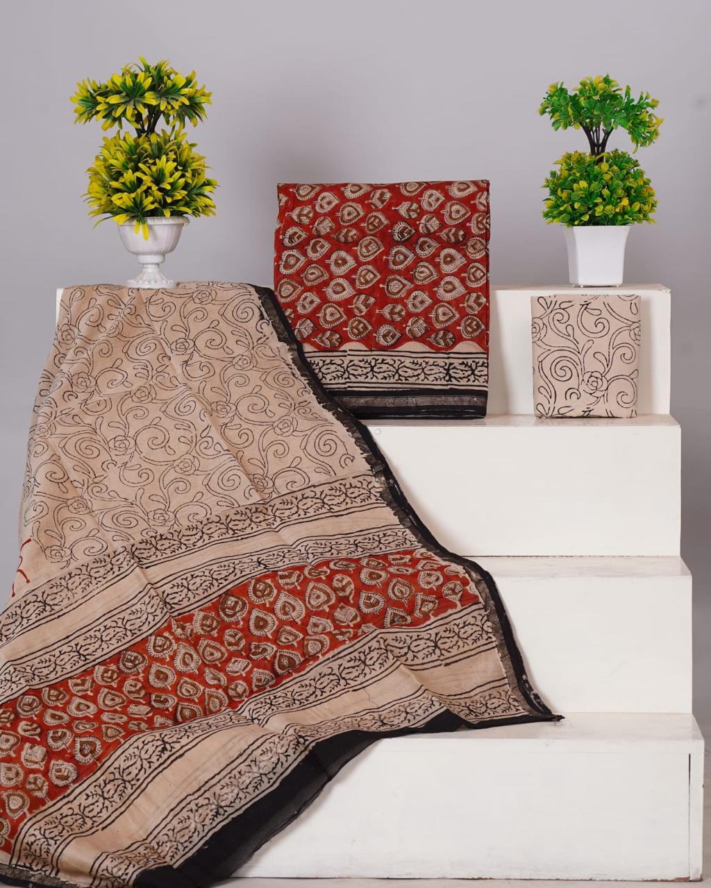 Red with Beige motifs on the chanderi top