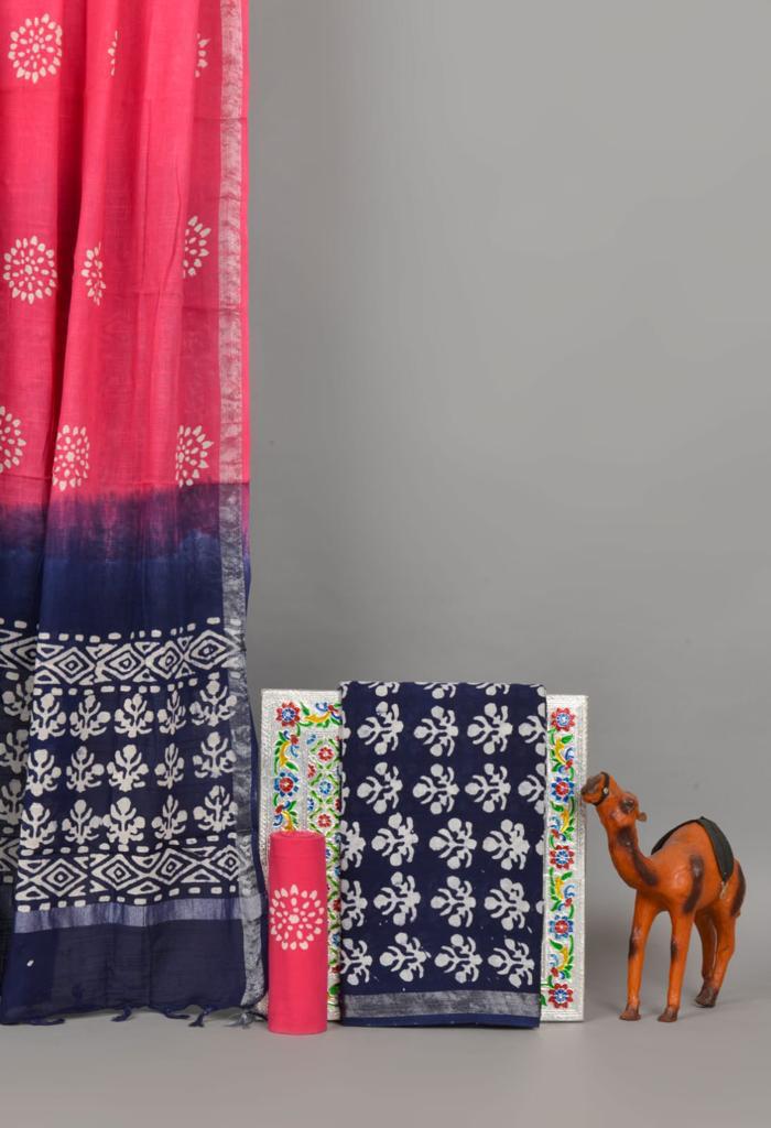 Navy Blue block printed linen top