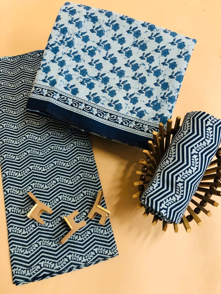 Greyish blue and indigo florsl printed mulmul cotton top