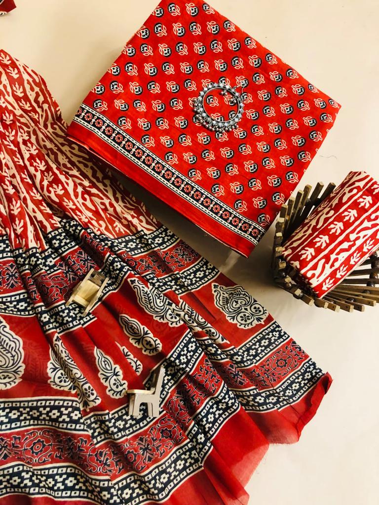 Red and black block printed mulmul cotton top