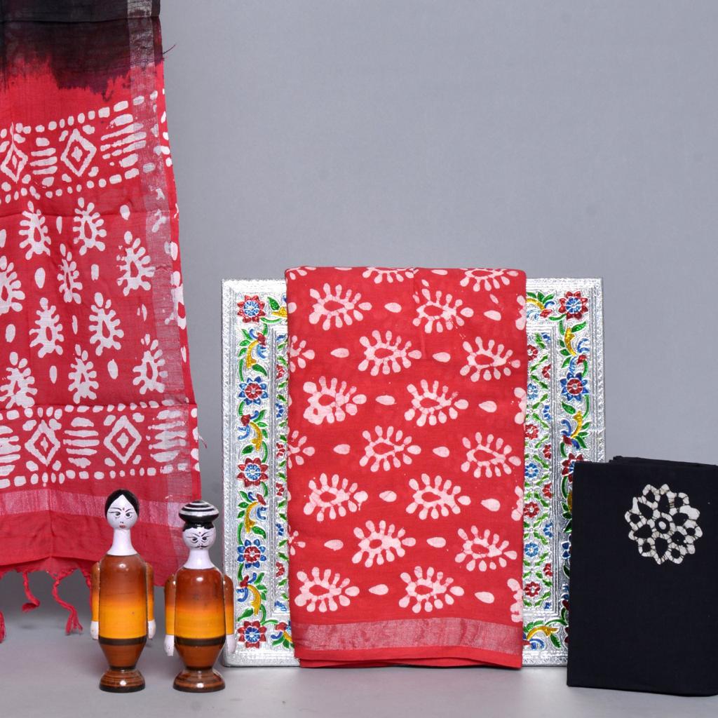 Tomato red batik printed linen cotton top