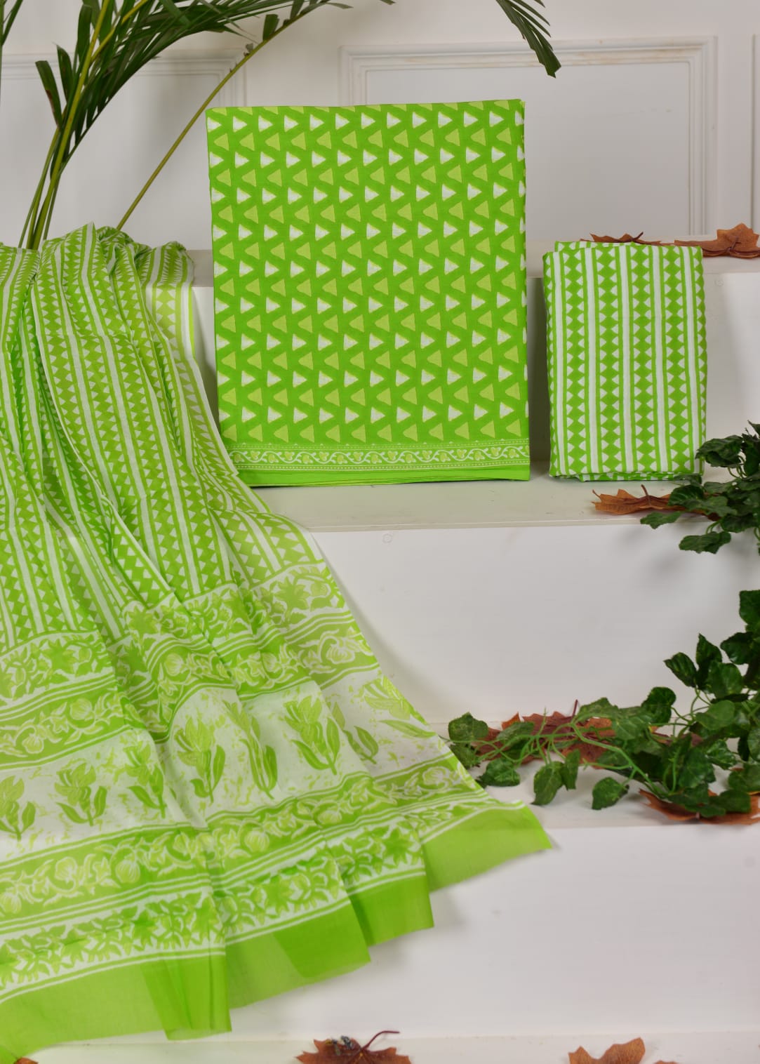 Parrot Green with White triangle printed cotton top