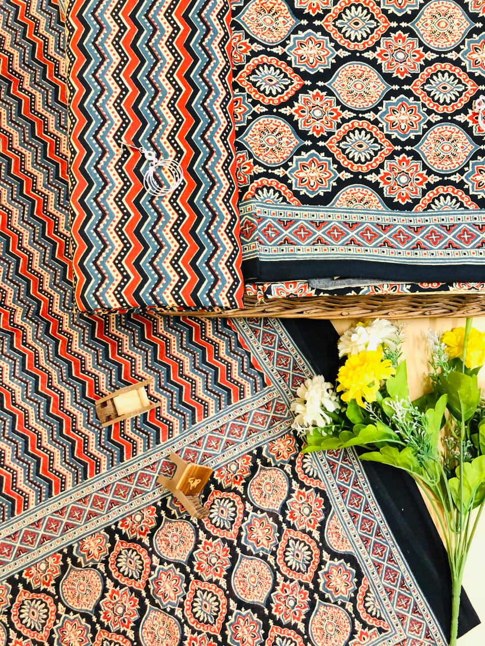 Black with multicolour ajrakh printed cotton top