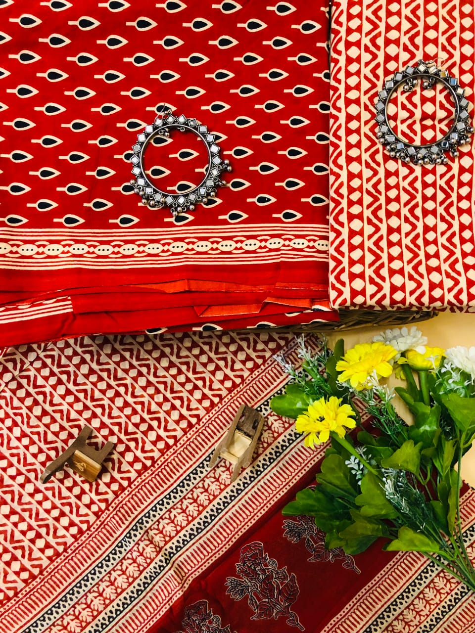 Tomato Red with black,cream bindhu printed cotton top