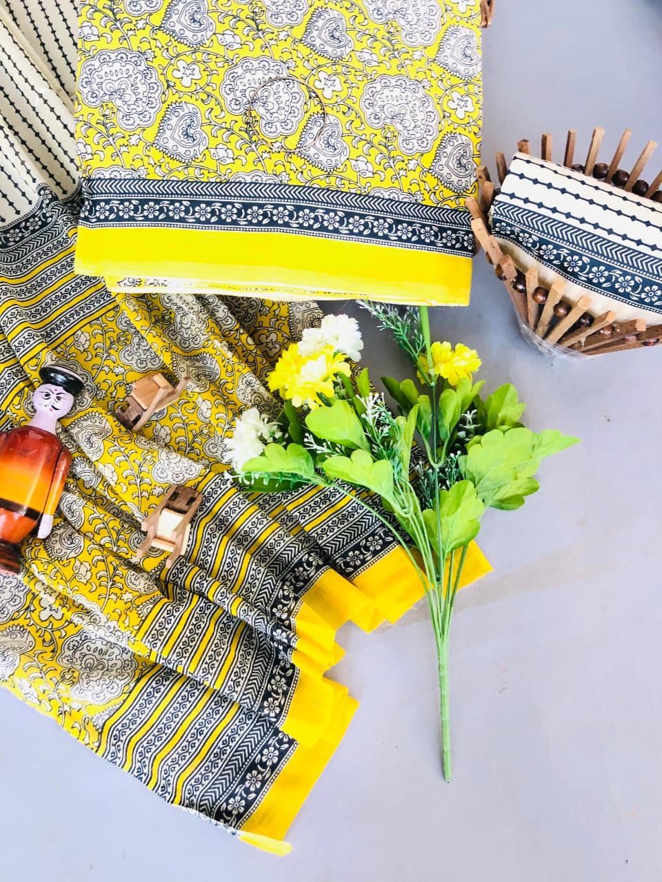 Yellow with Cream flower printed cotton Top