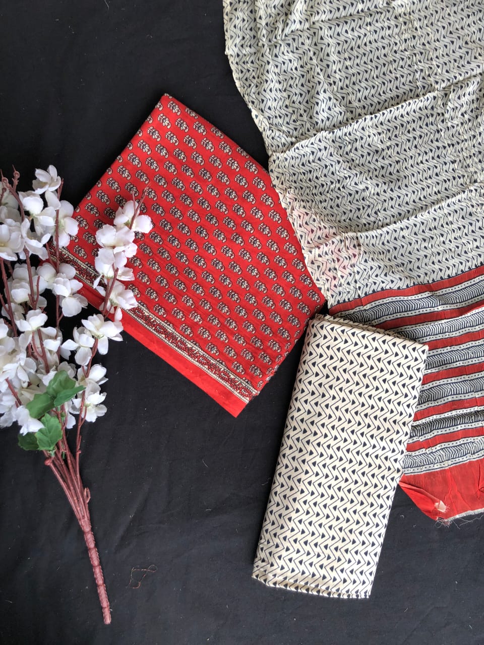 Fire Red with Cream flower printed cotton top