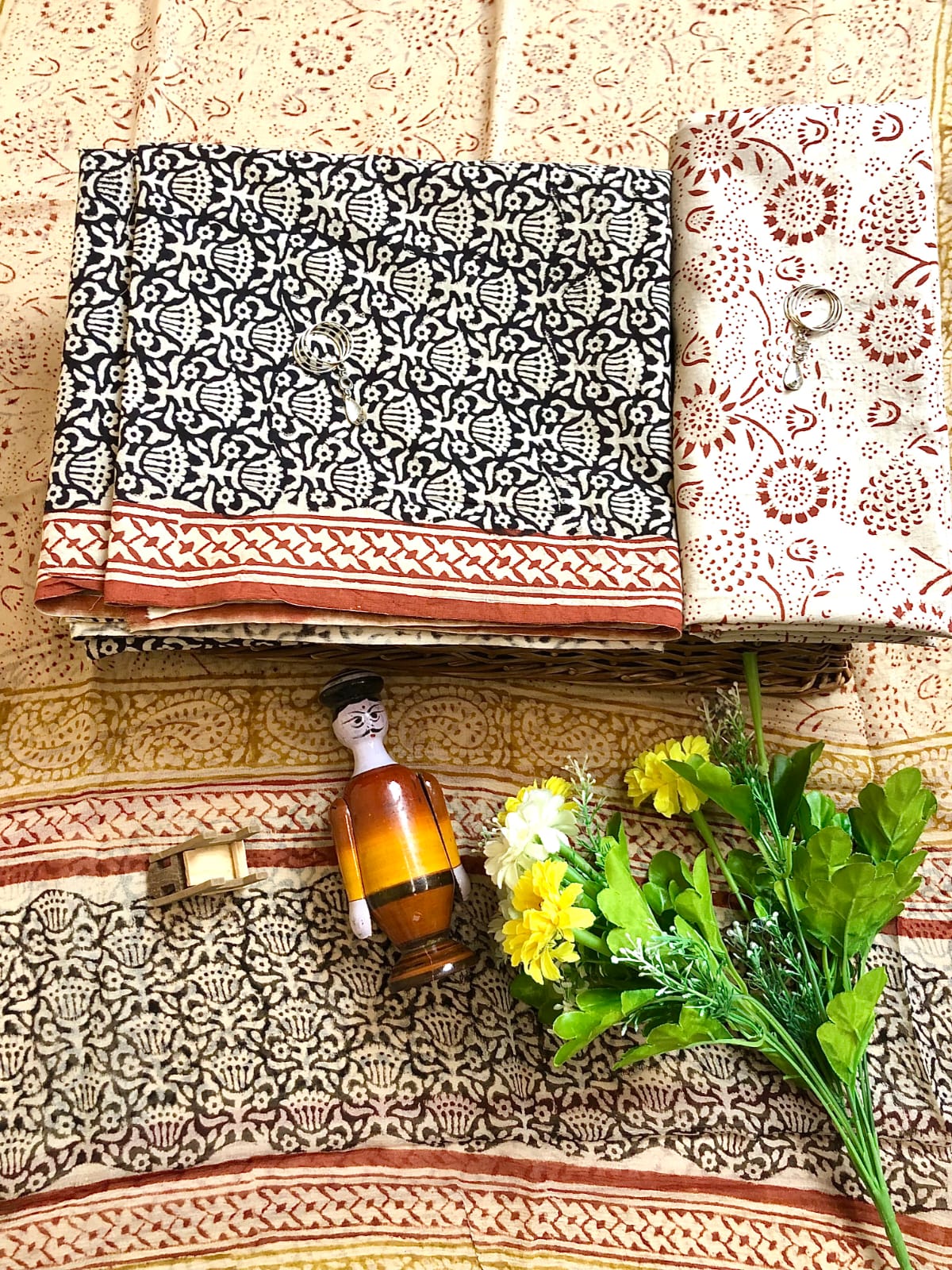 Black with cream flower printed cotton top