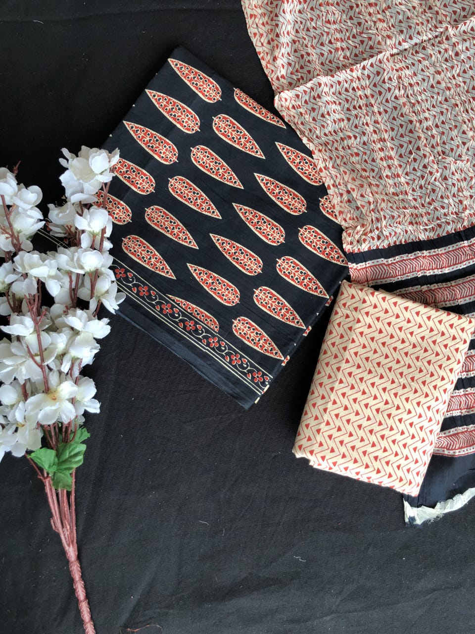 Black with Red leaf printed cotton top