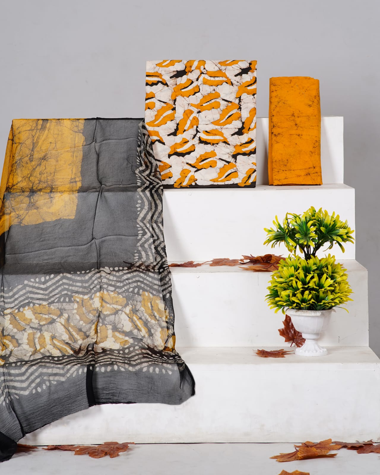 Off-White with mango yellow batik printed cotton top