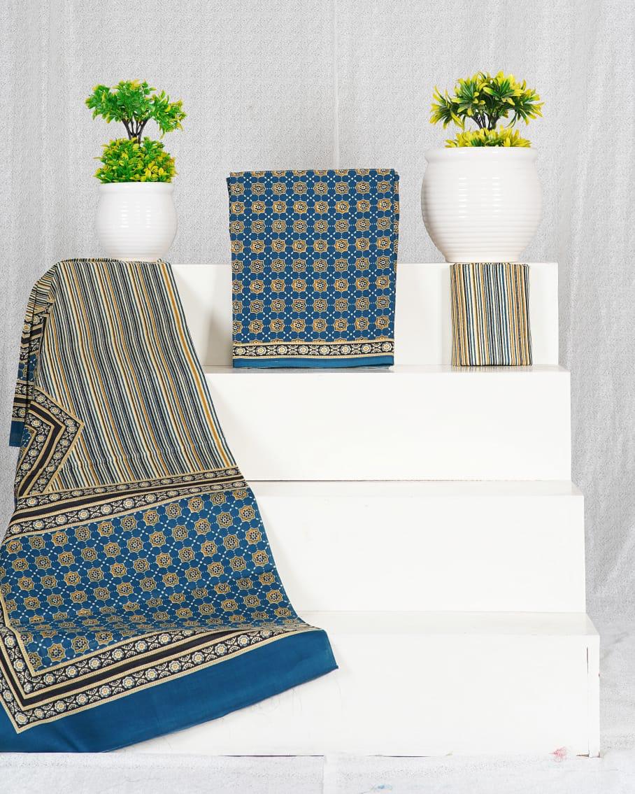 Indigo Blue with Olive green flower printed cotton top