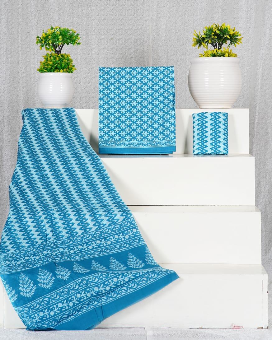 Turquoise Blue with Baby Blue leaf printed cotton top