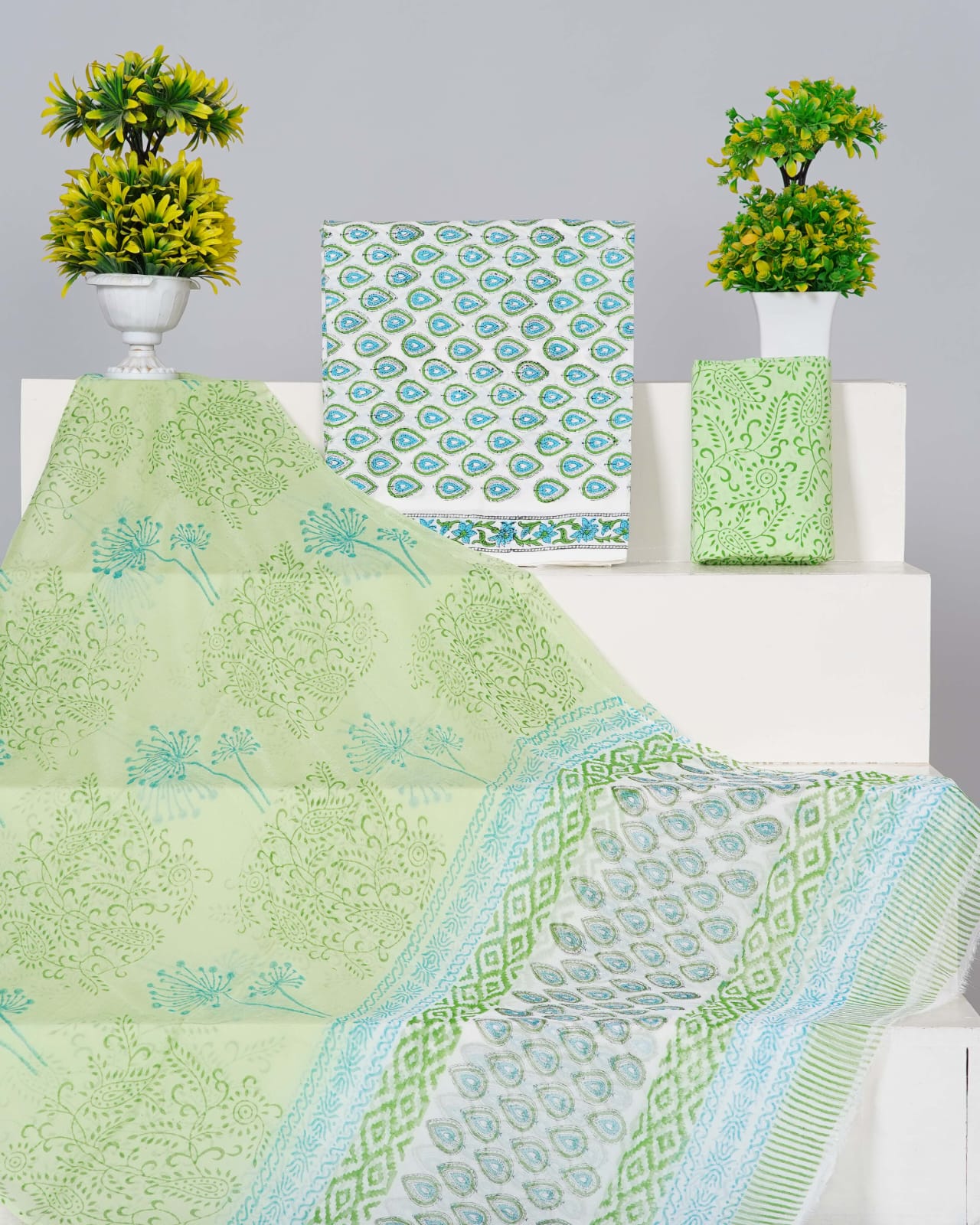 White with green, sky blue leaf printed cotton top