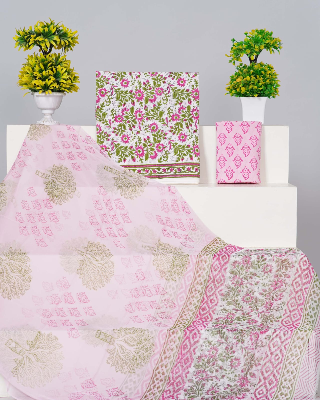 White with Green,Pink flower printed cotton top