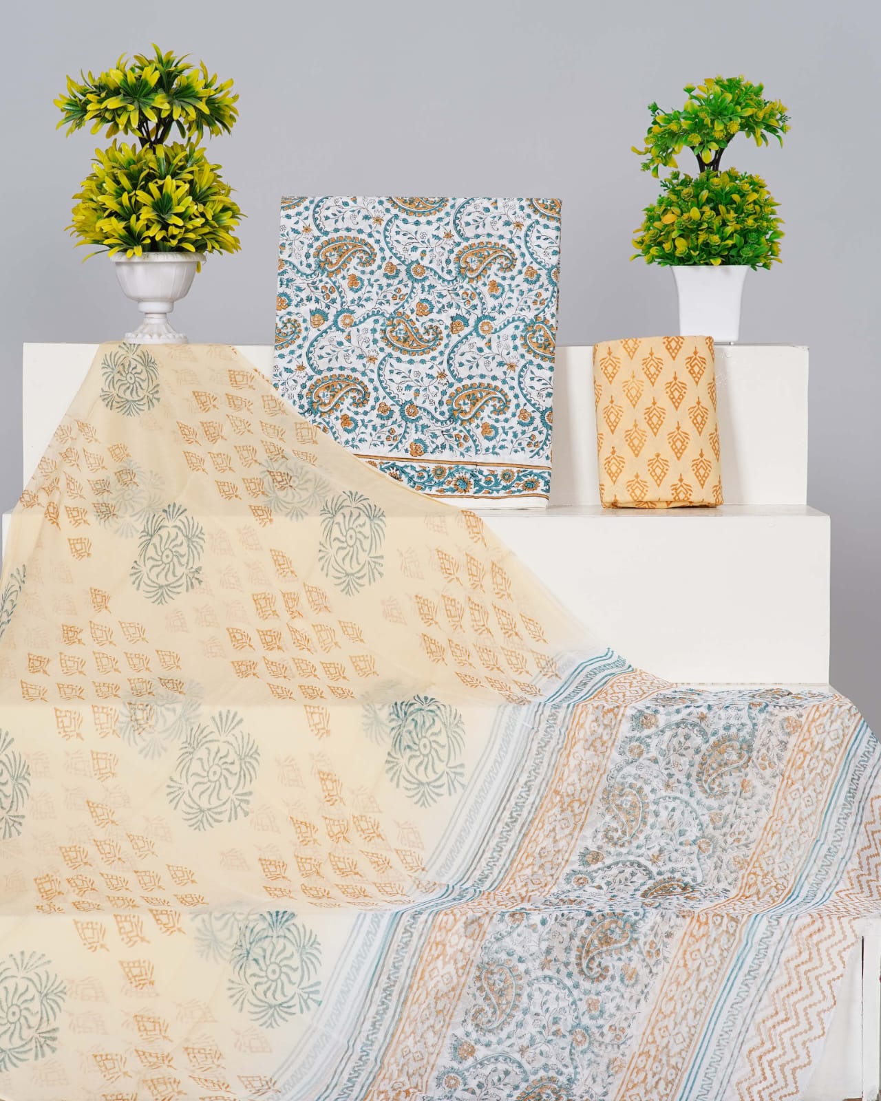 White with Baby Blue and brown paisley printed cotton top