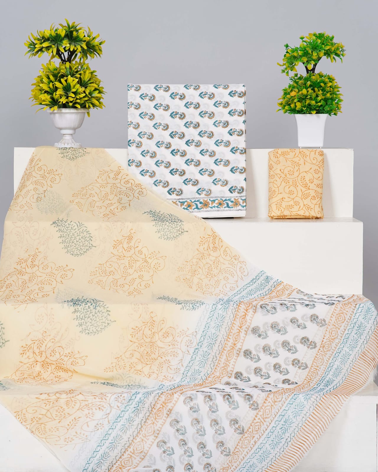 White with brown,sky blue flower printed cotton top