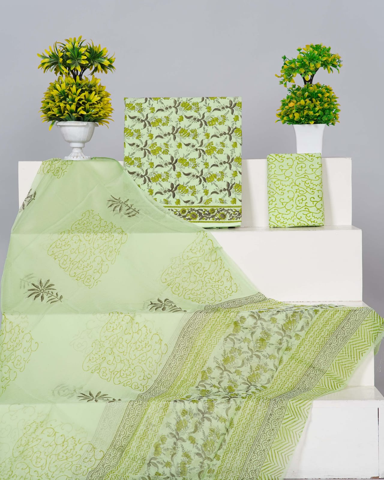 Pista Green with green , dark brown flower printed cotton top