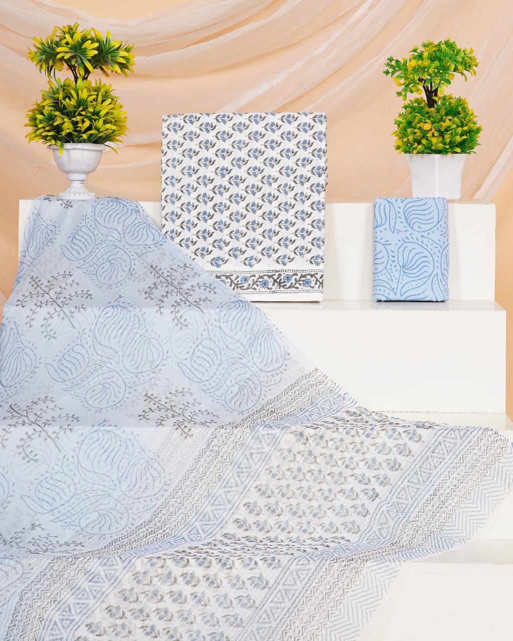 White with Sky blue , dark brown flower printed cotton top