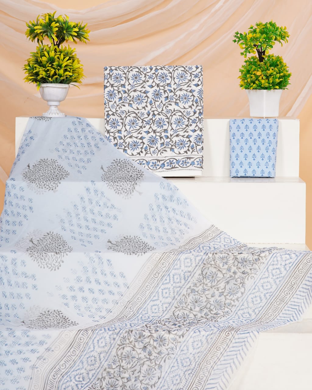 White with baby blue,dark brown flower printed cotton top