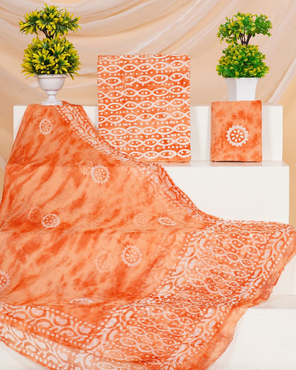 Peach with Orange , white batiq printed cotton top