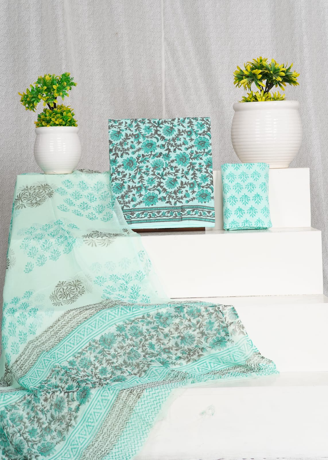 Mist Blue with Sea blue flower printed cotton top