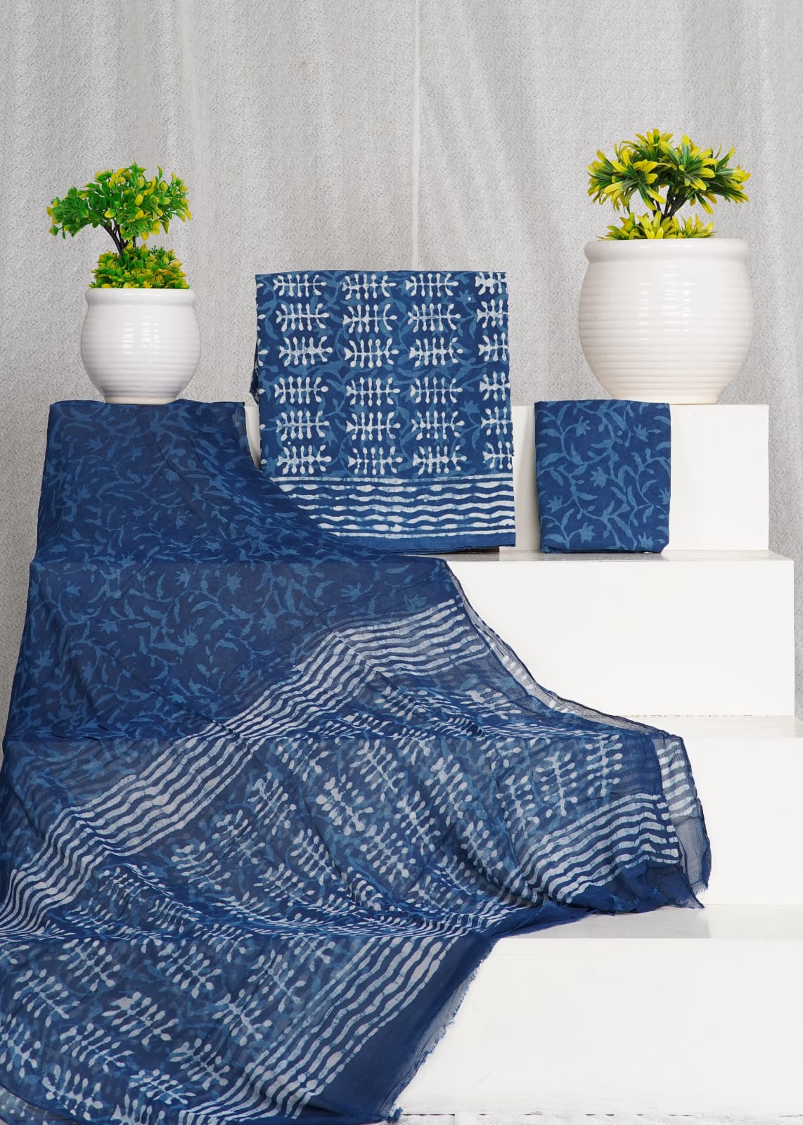 Indigo Blue with Off-white,light blue printed cotton top