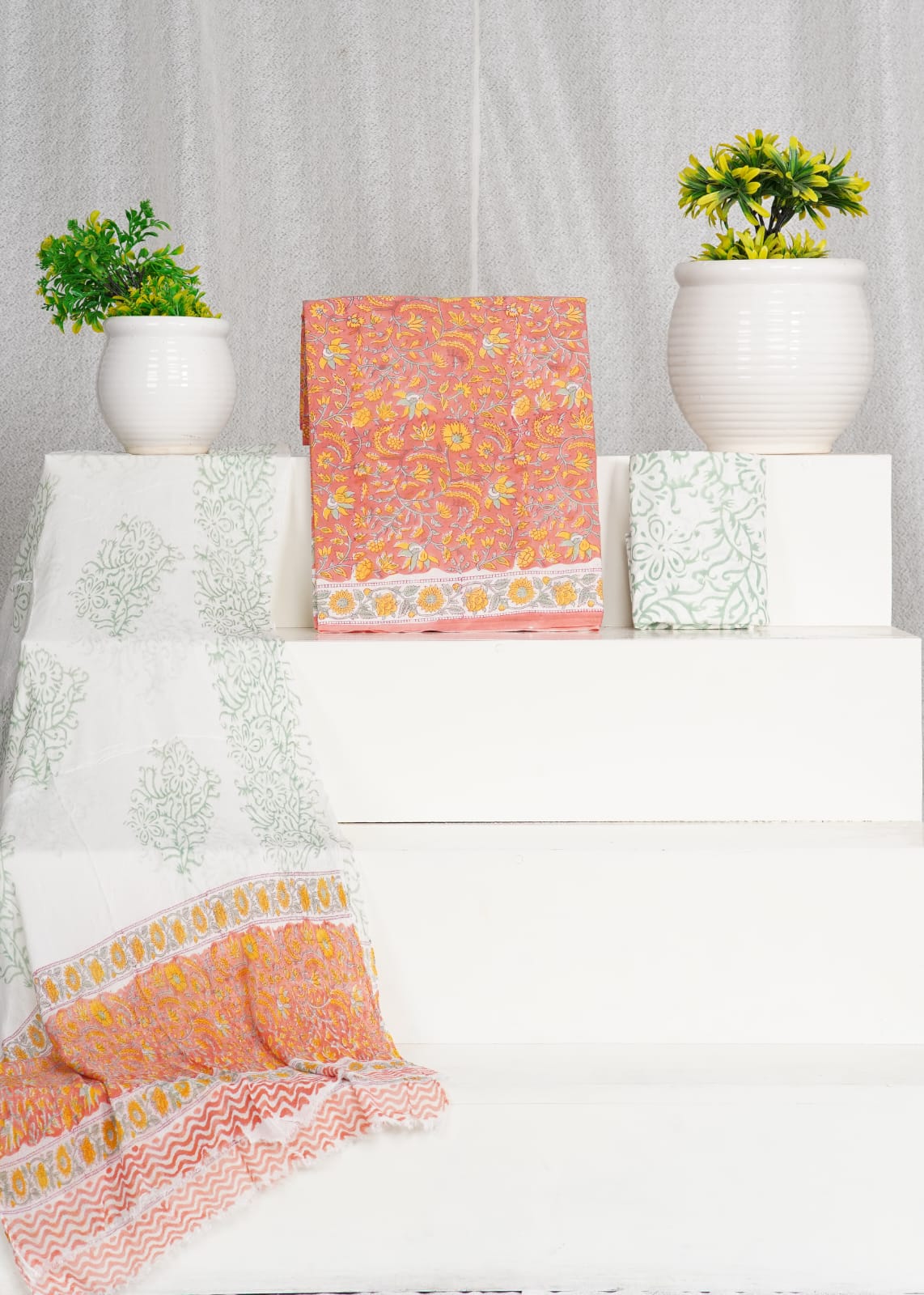 Peach with Yellow,Light blue flower printed cotton top