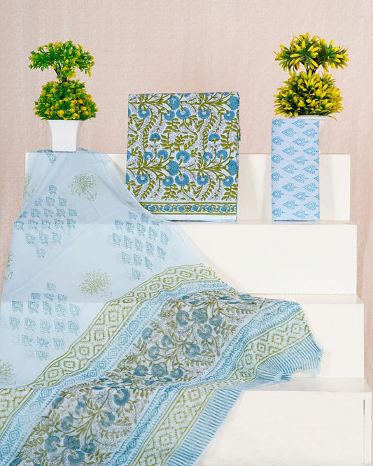 Baby Blue with Blue and green flower printed cotton top