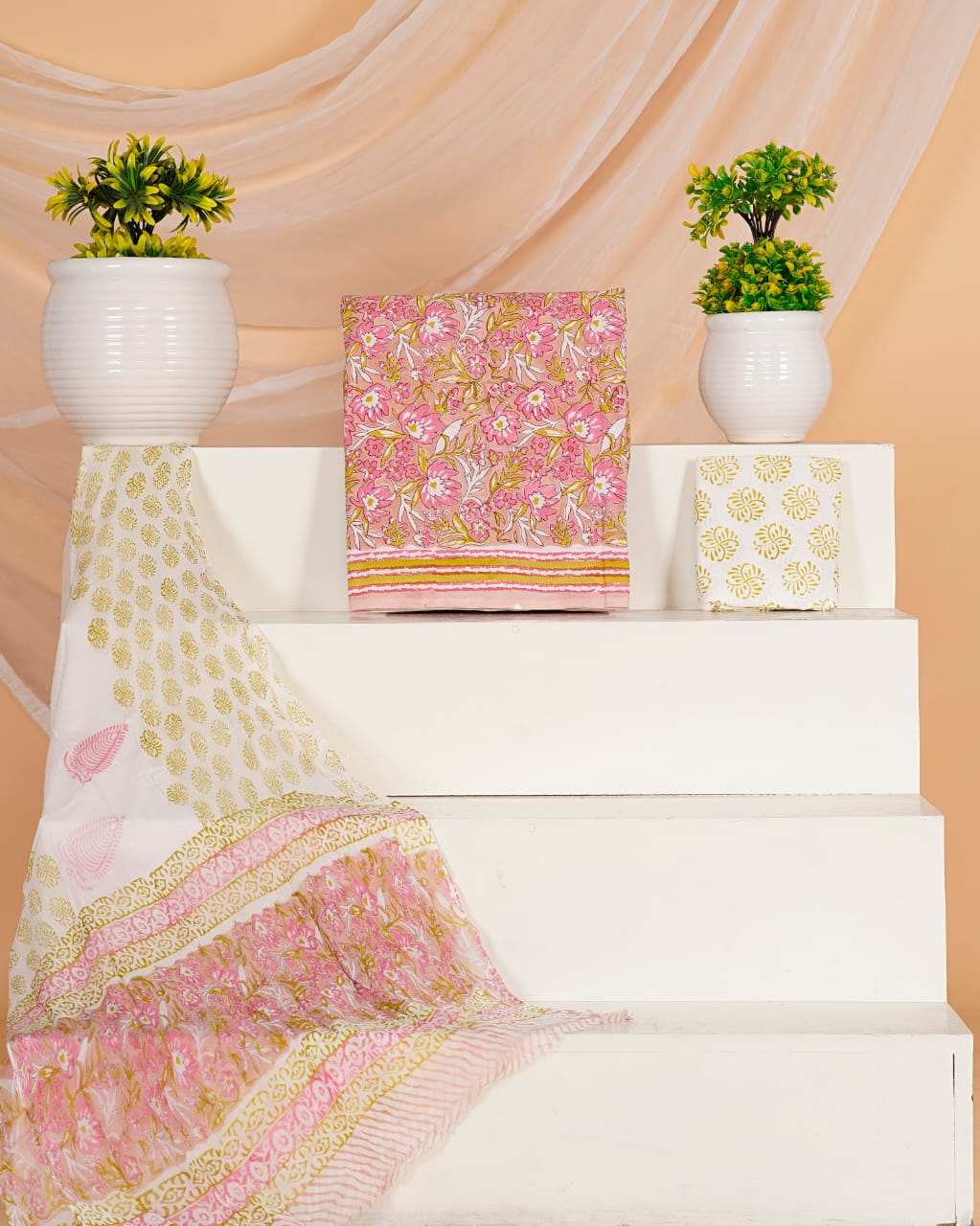 Peach with Pink and olive green flower printed cotton top