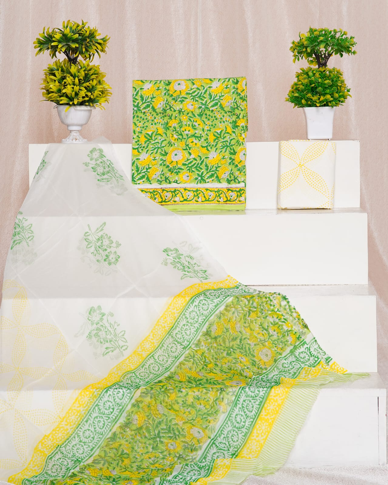 Pista Green with Green , yellow flower printed cotton top