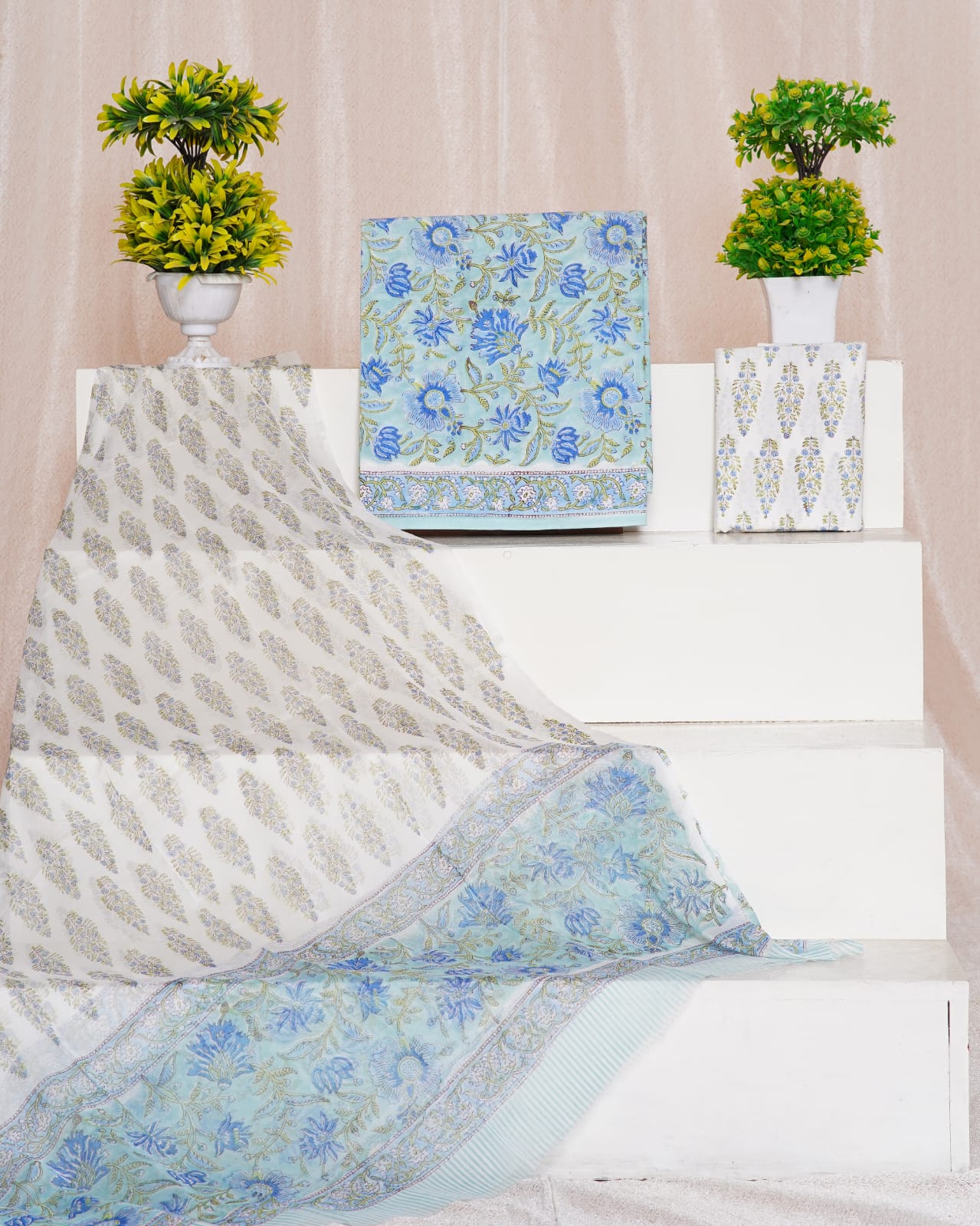 Slate Blue with blue and green flower printed cotton top