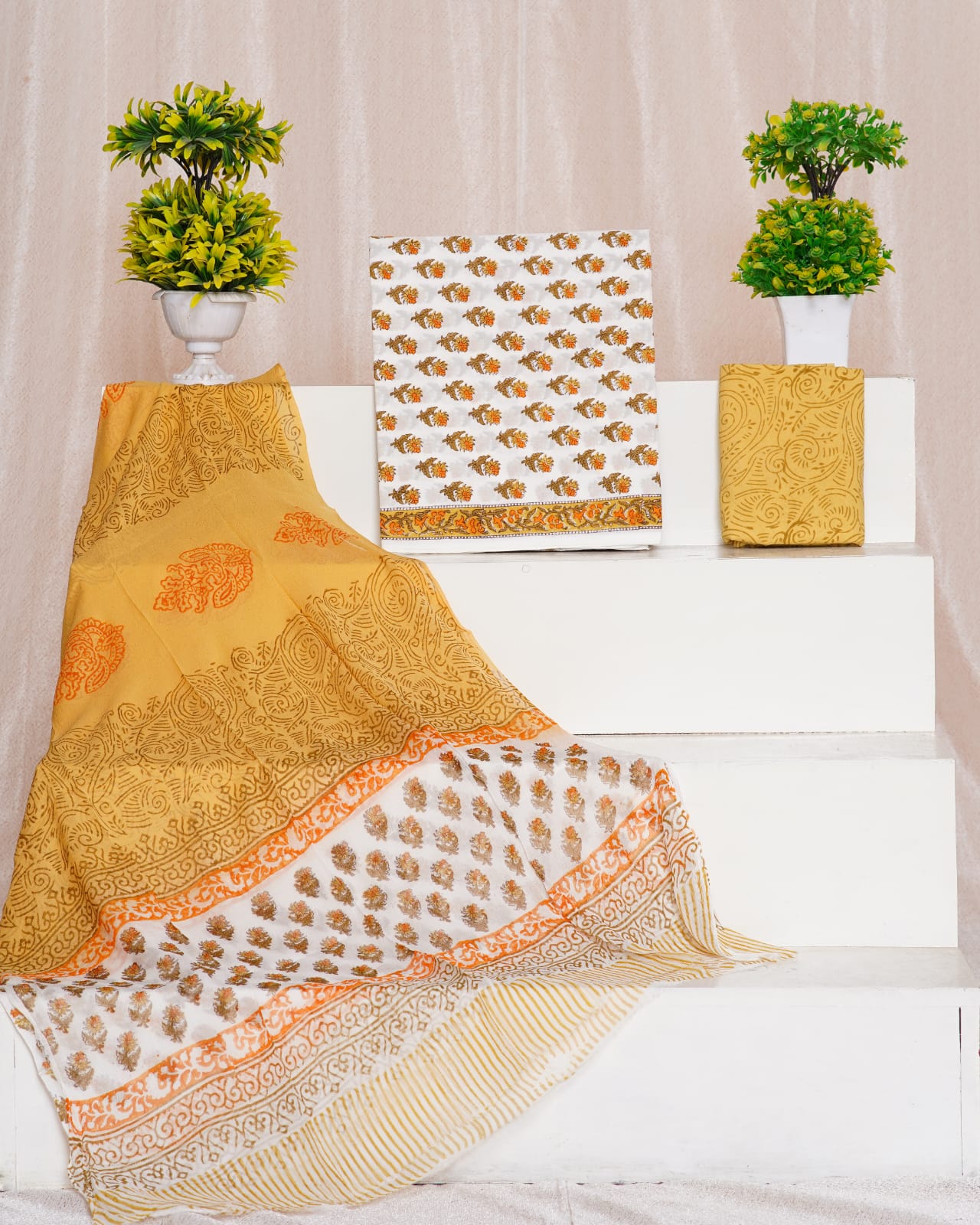 White with Orange and brown flower printed cotton top