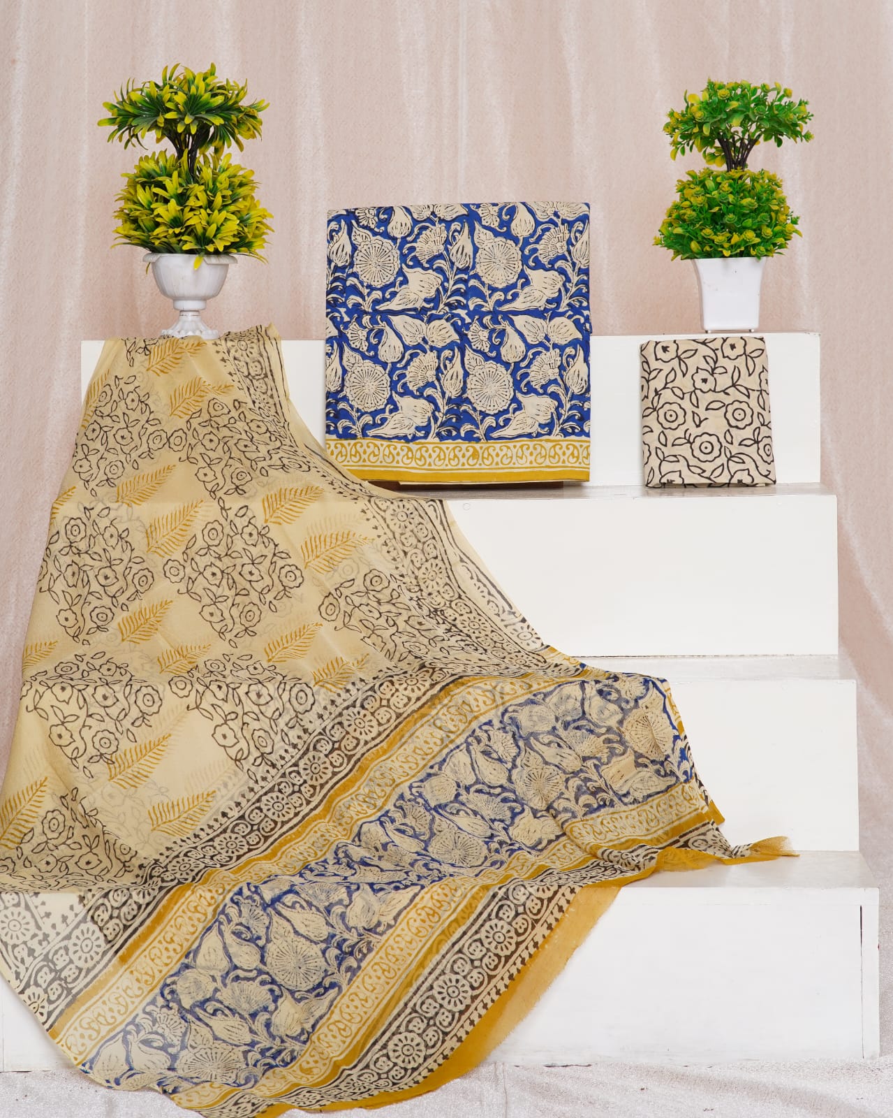 Blue with Cream flower printed cotton top