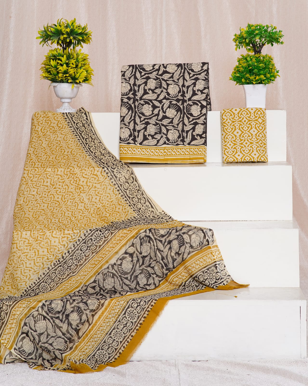 Black with Cream flower printed cotton top