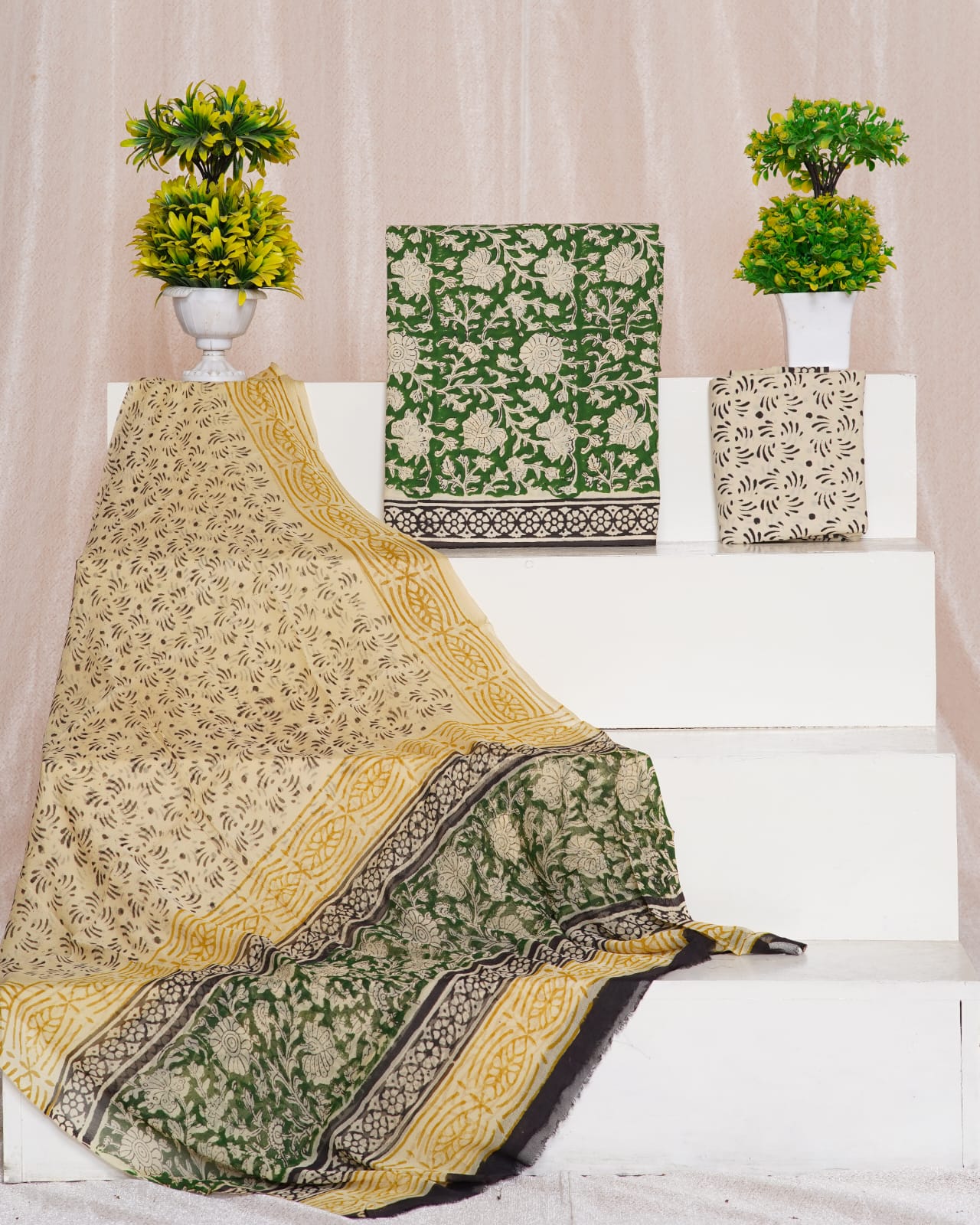 Bottle Green with Cream flower printed cotton top