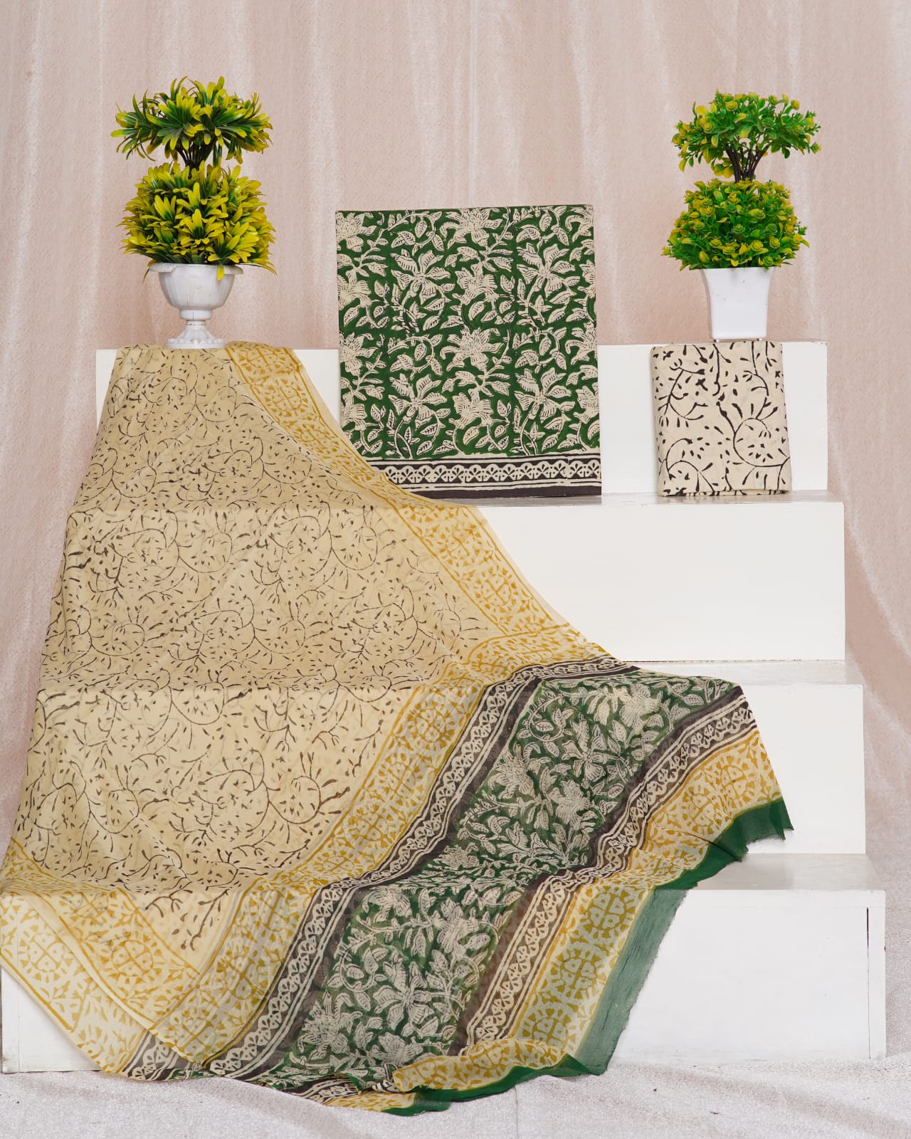 Bottle Green with Cream flower printed cotton top