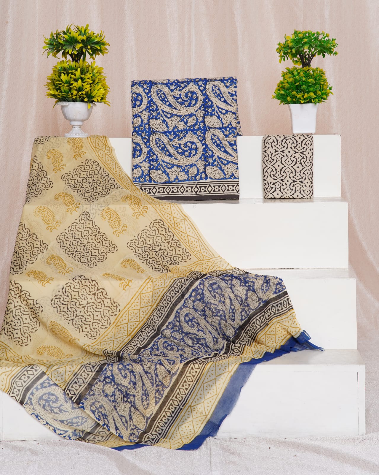 Blue with Cream Paisley flower printed cotton top