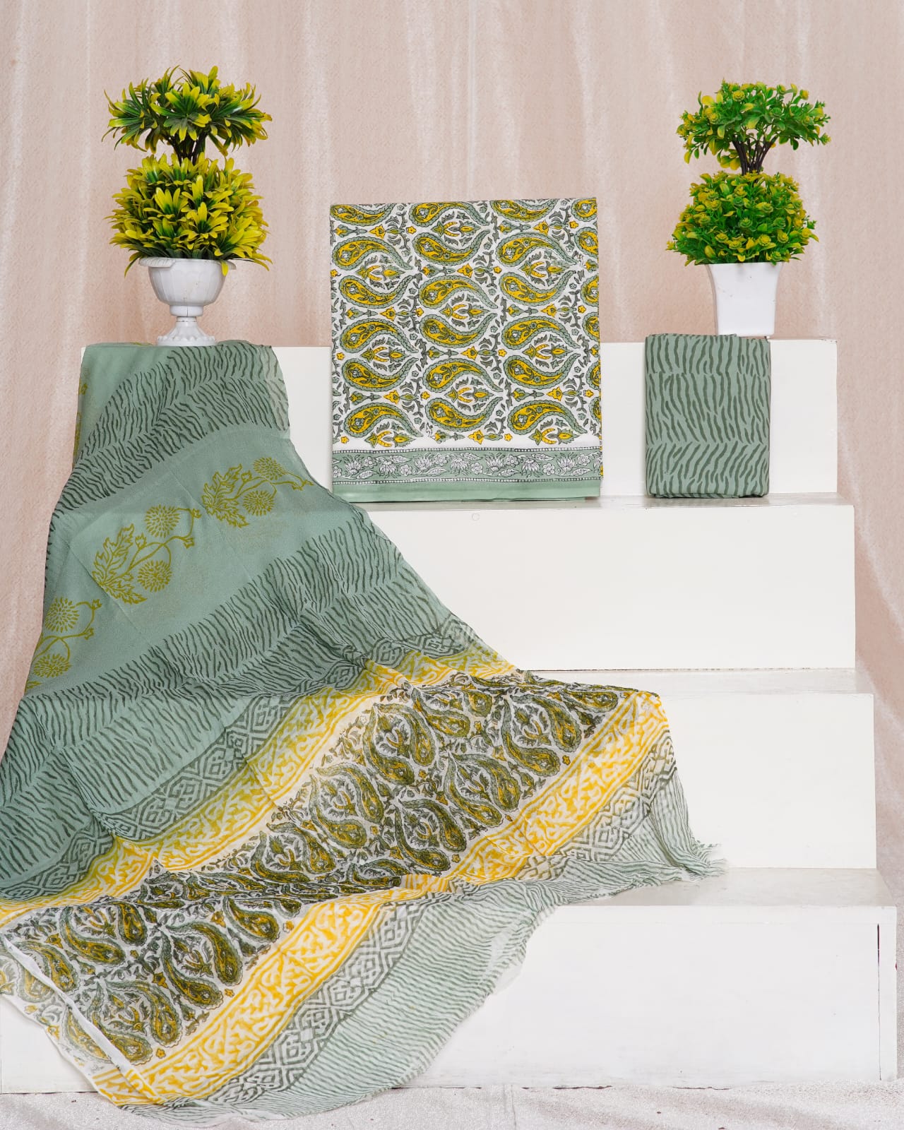 White with Yellow,light green paisley printed cotton top