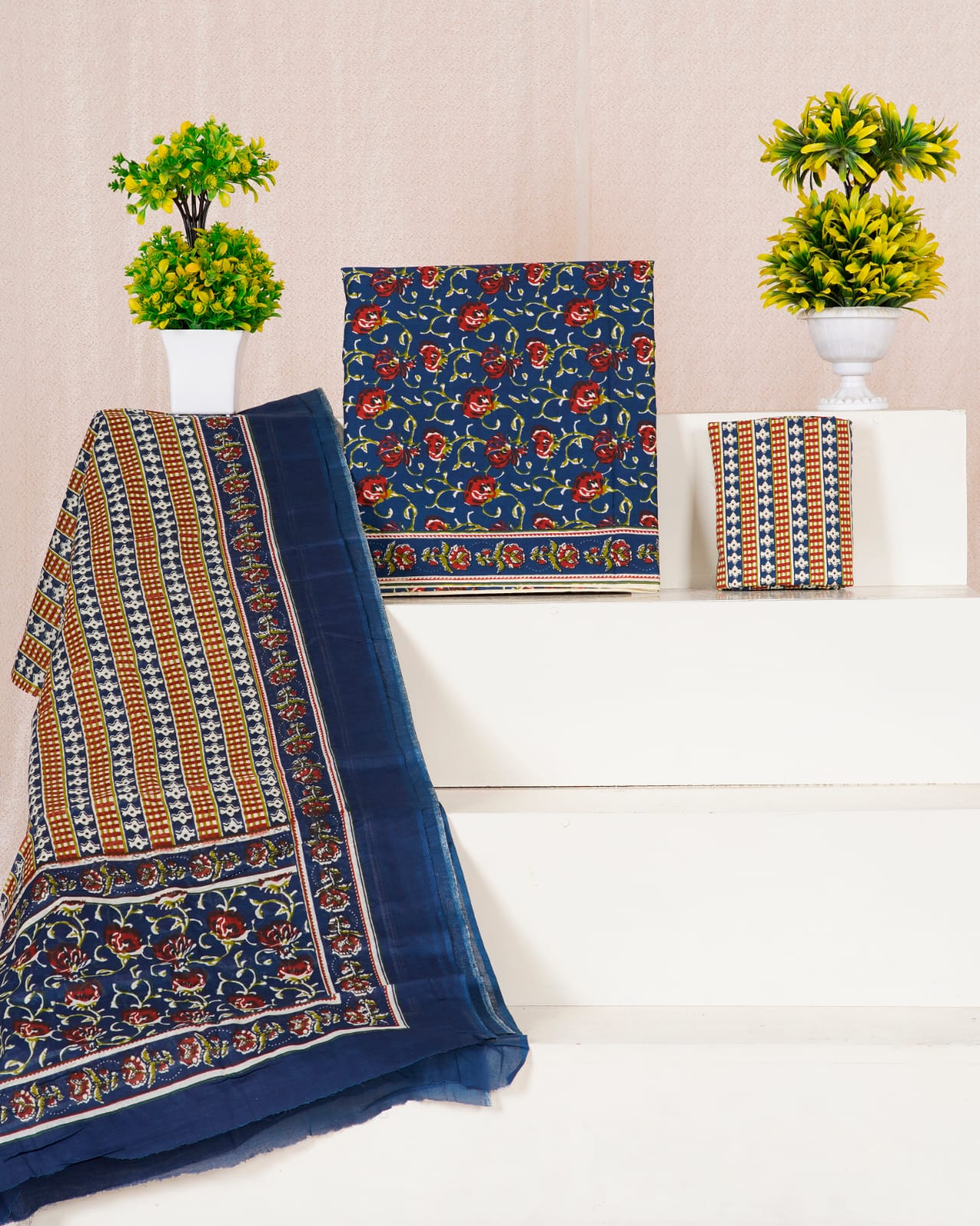 Indigo Blue with Red,Olive Green flower printed cotton dress material