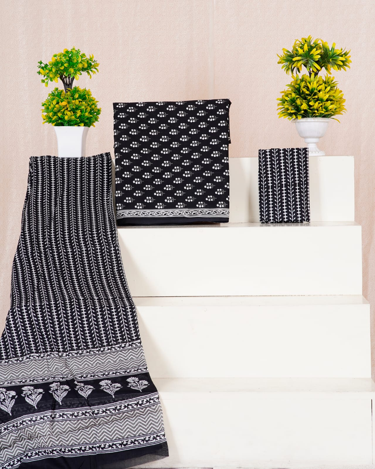 Black with White flower printed cotton dress material