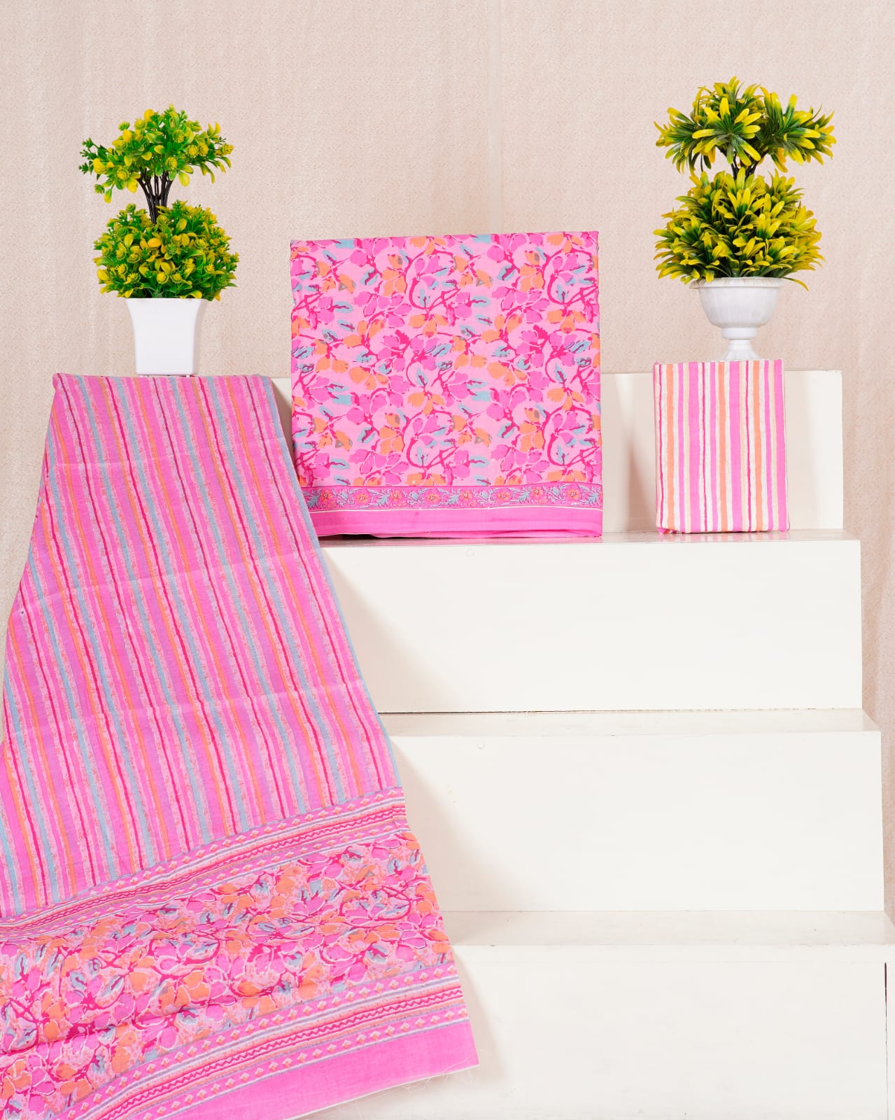 Rose Pink with Yellow,Sky blue floral printed cotton dress material