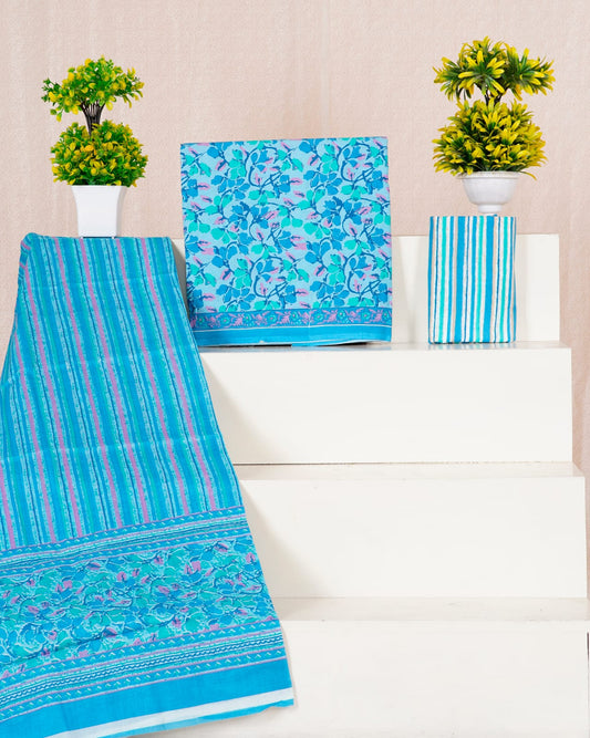 Baby Blue with Rama green ,Blue floral printed cotton dress material