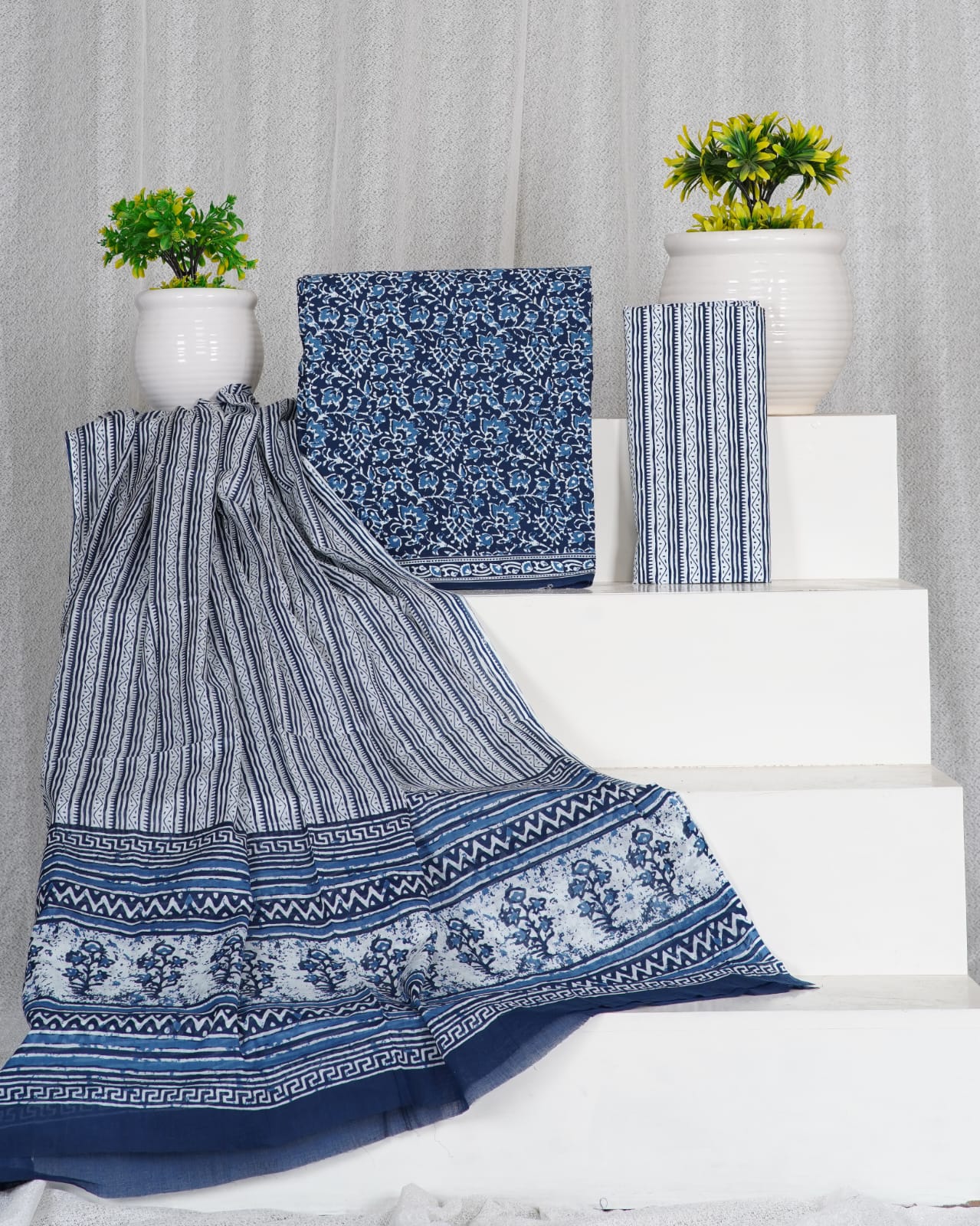 Dark Blue with Blue,White floral printed cotton dress material34