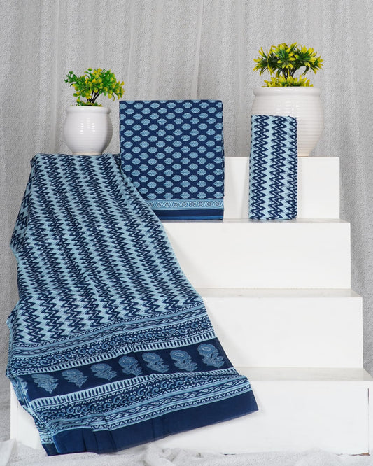 Baby Blue with Dark blue flower motifs cotton dress material