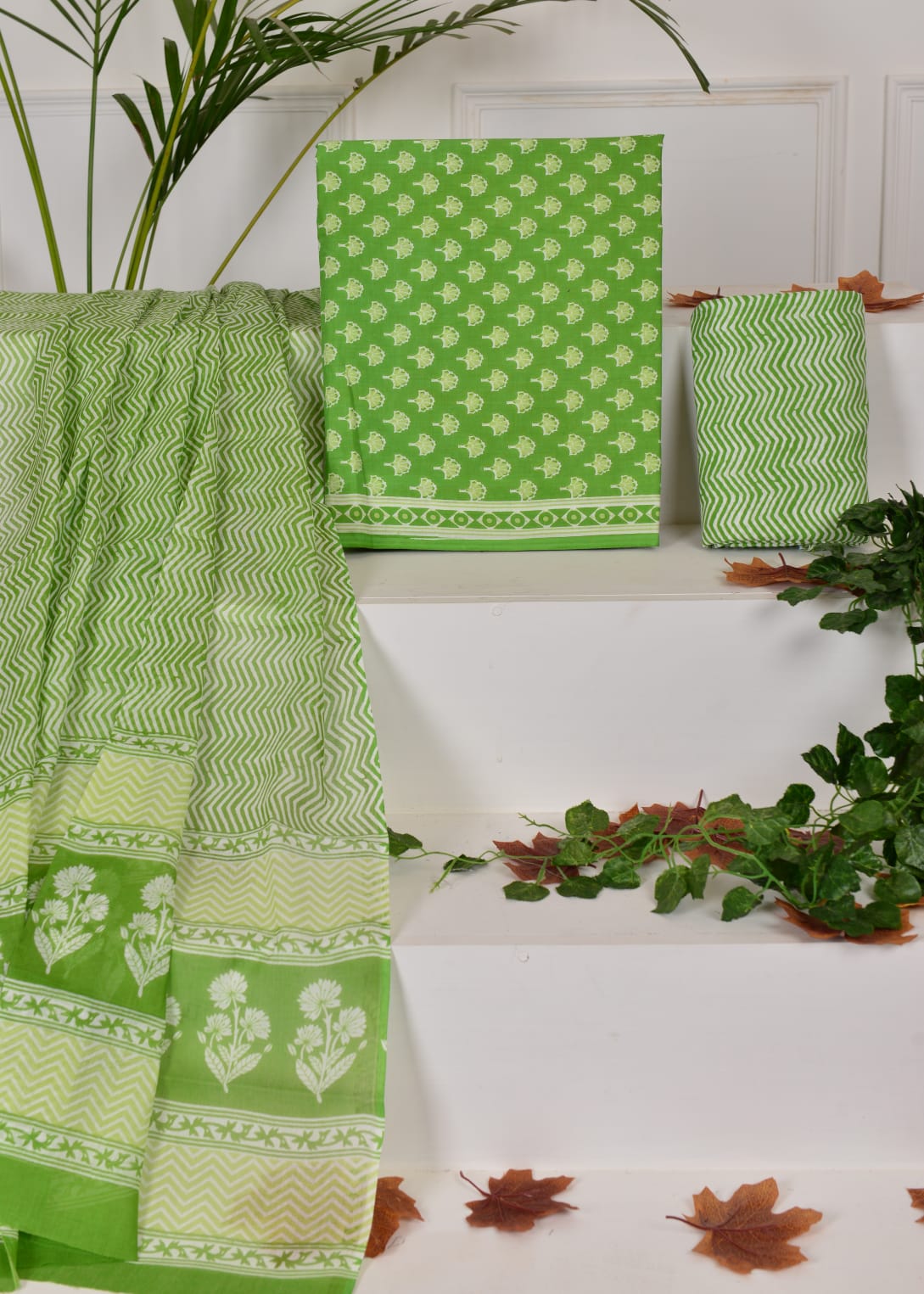 Green with Pista Green,White flower printed cotton dress material