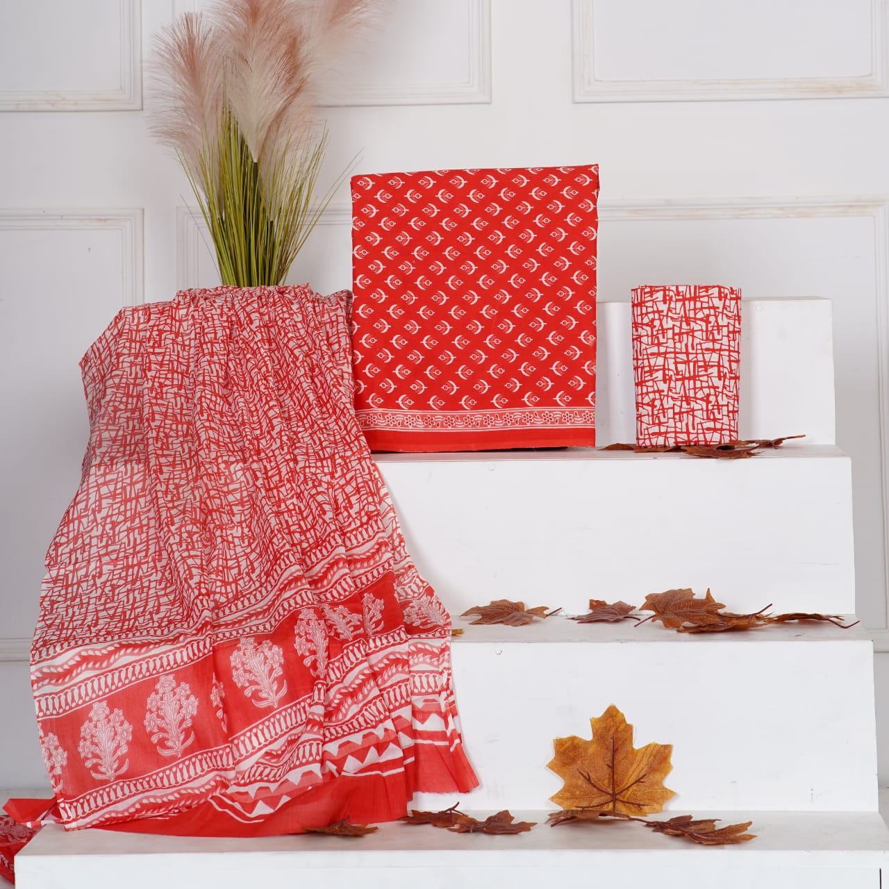 Candy Red with White flower printed cotton dress material