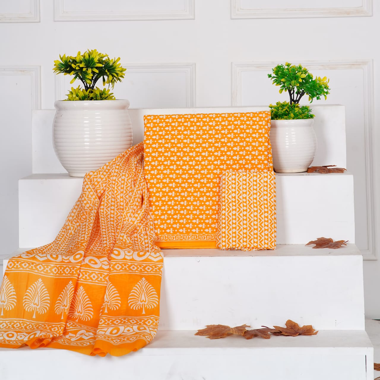 Mango Yellow with White flower motifs printed cotton dress material