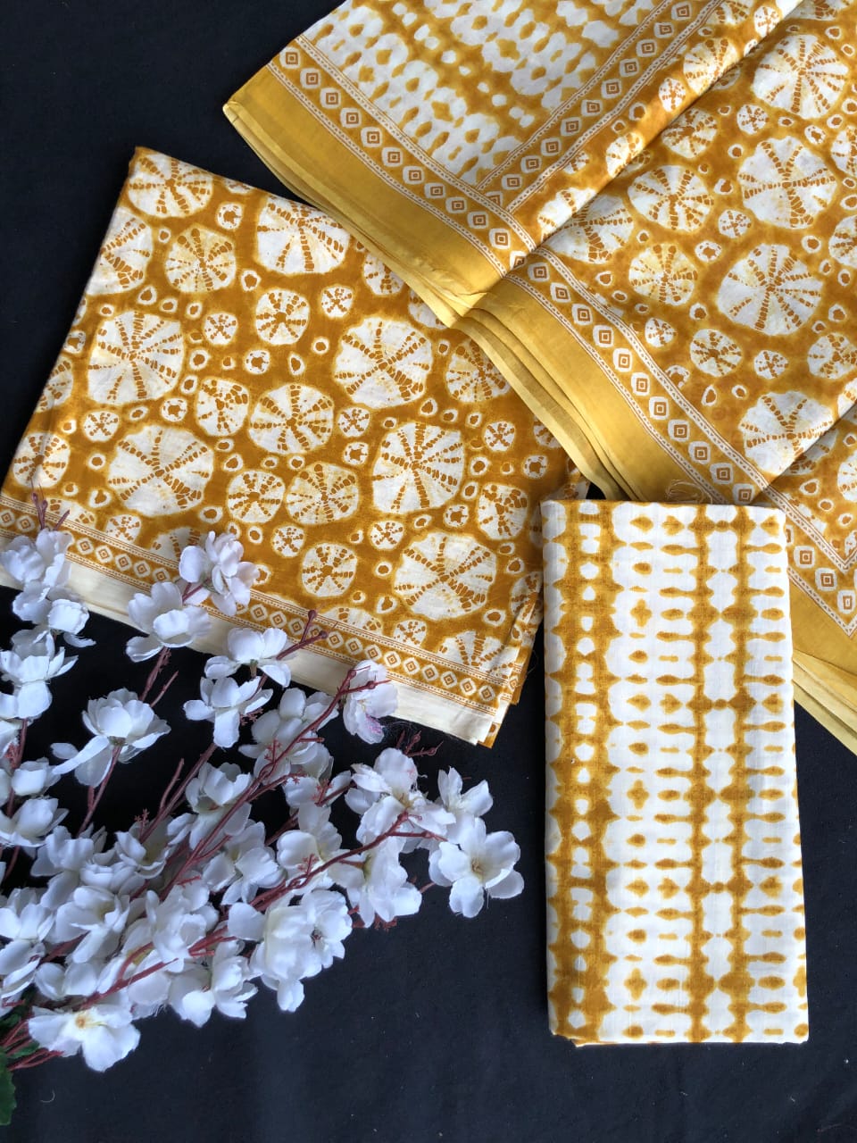 Brown with White shibori printed cotton dress material