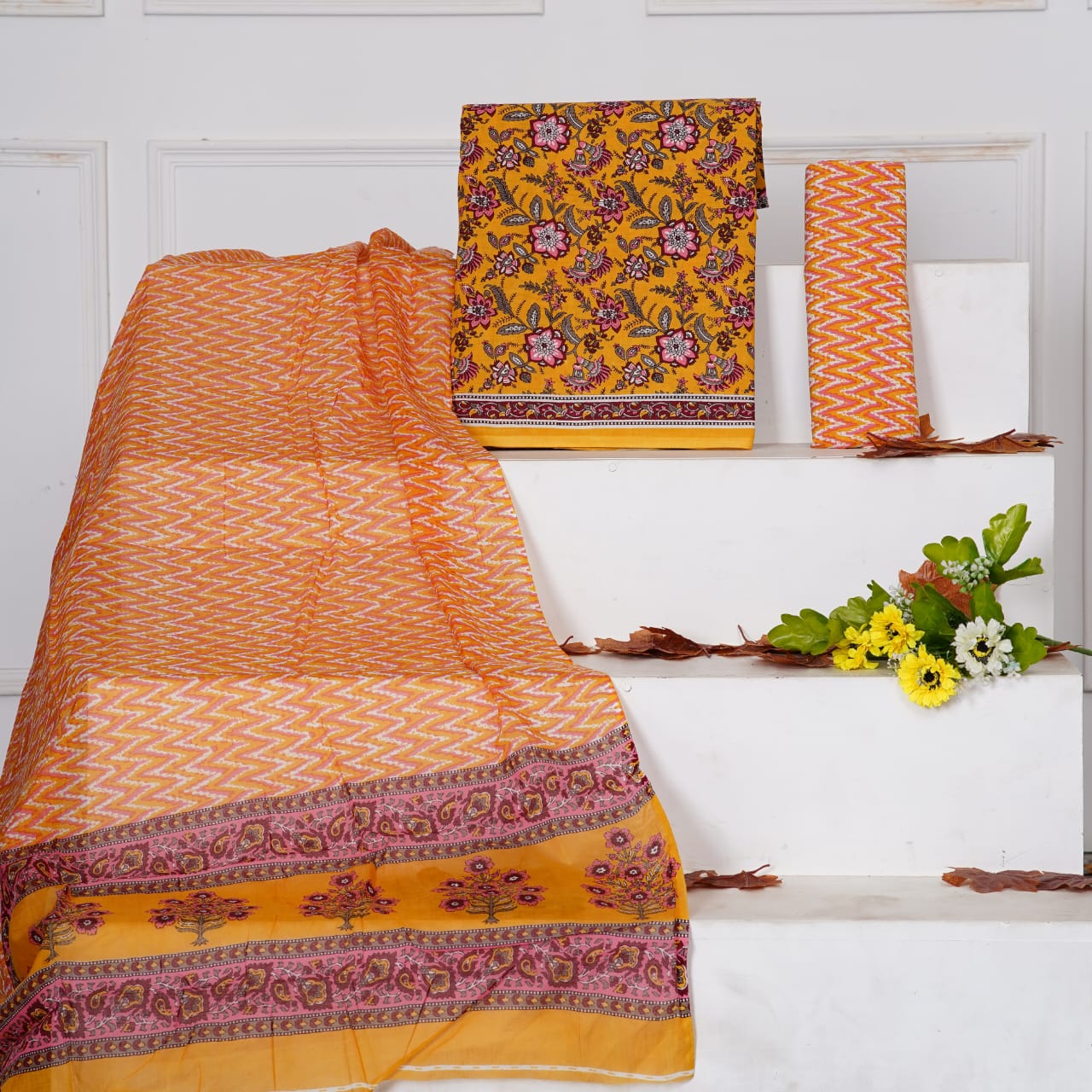 Mango Yellow with Maroon,Pink flower printed cotton dress material