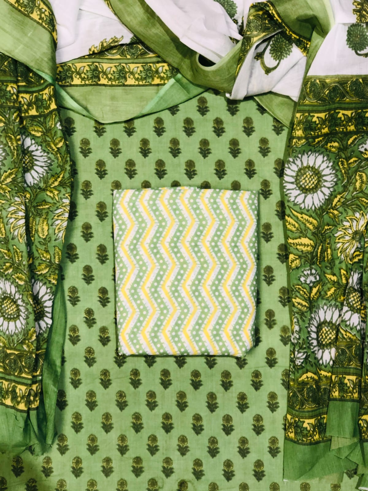 Pista Green with Olive Green cotton dress material