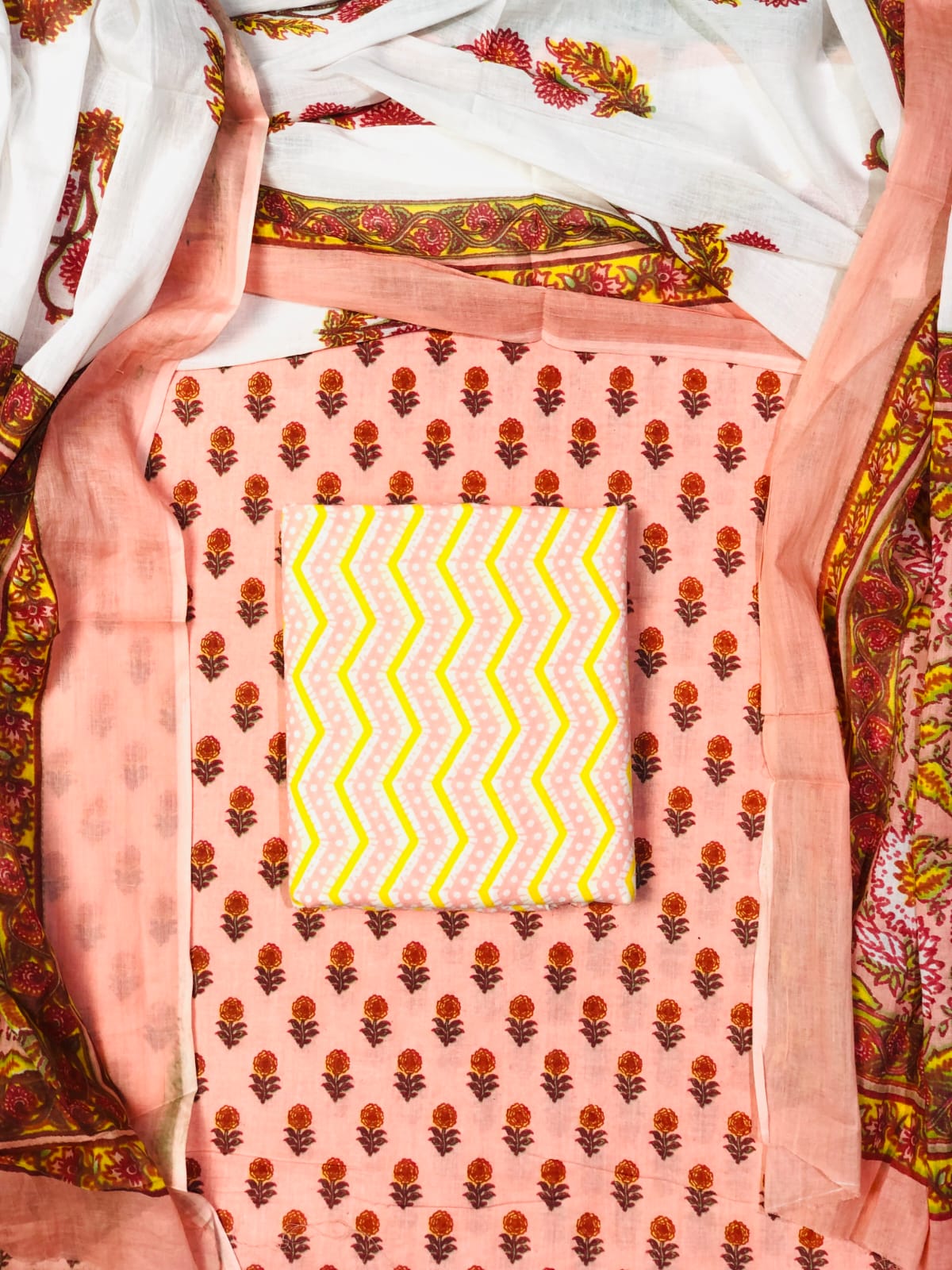 Peach with orange cotton dress material